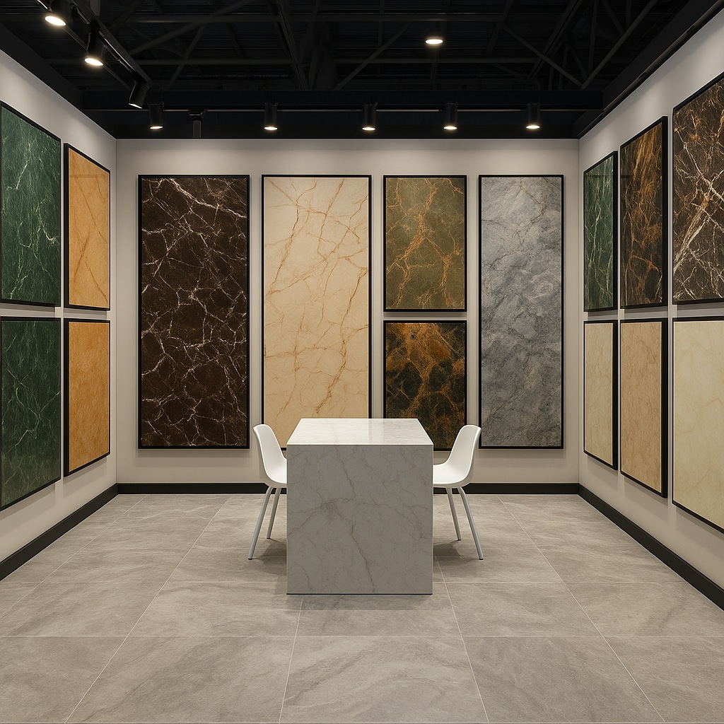 marble display in trade show from stones den