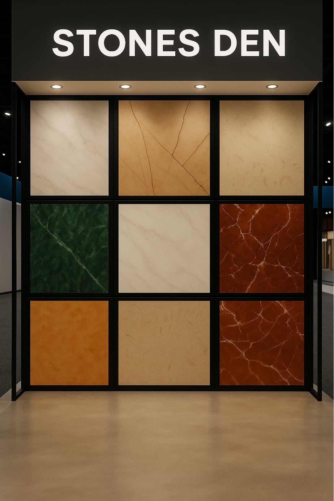 stones den trade show case of marble products